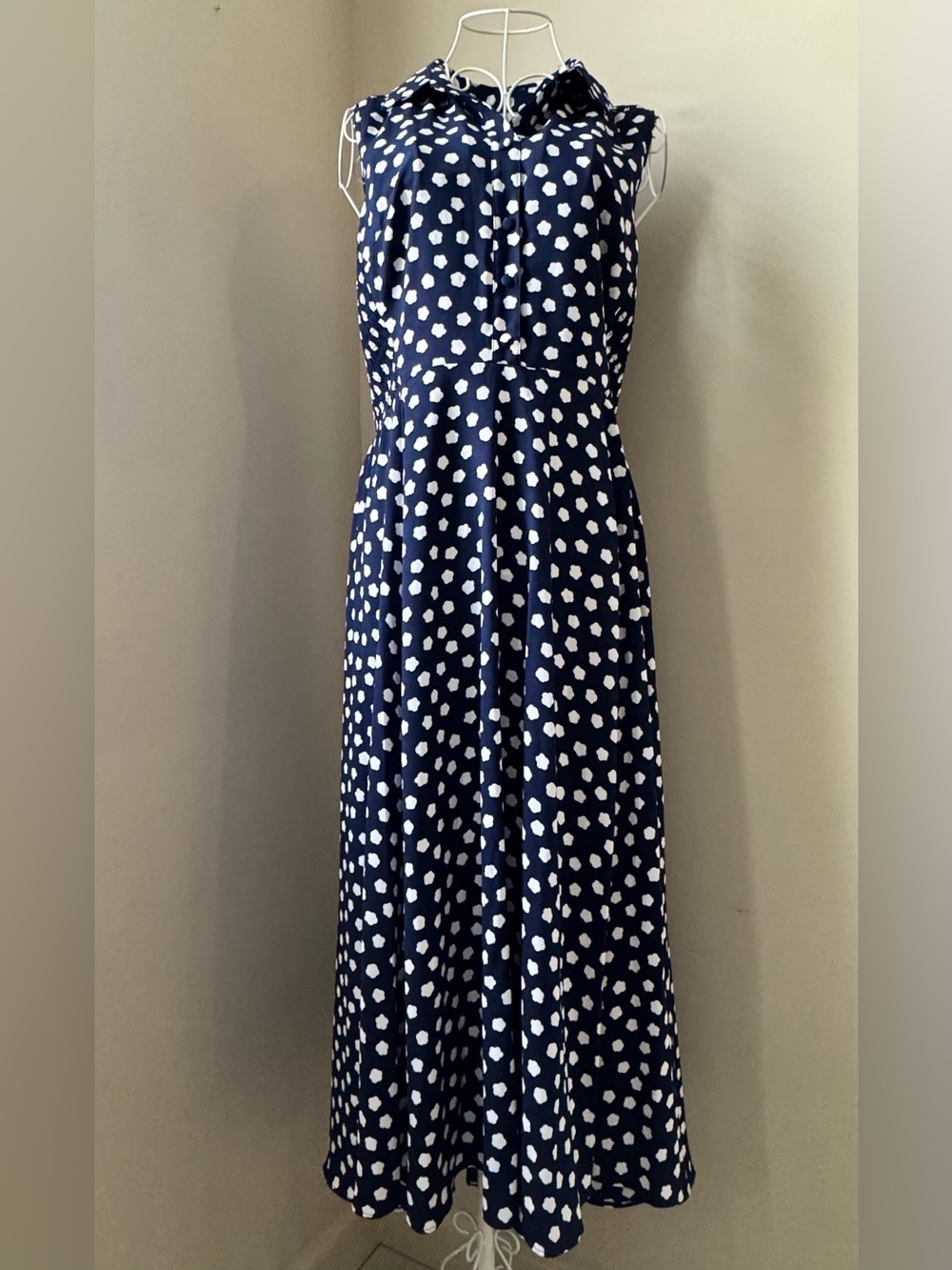 Kate Spade Navy Blue Polka Dot Sleeveless Midi Dress Size 12